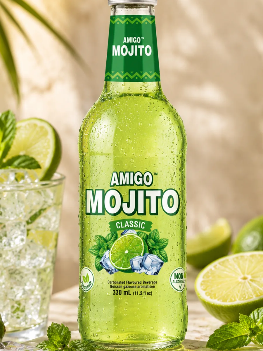Amigo Mojito Classic sparkling soda bottle, close-up of the label.