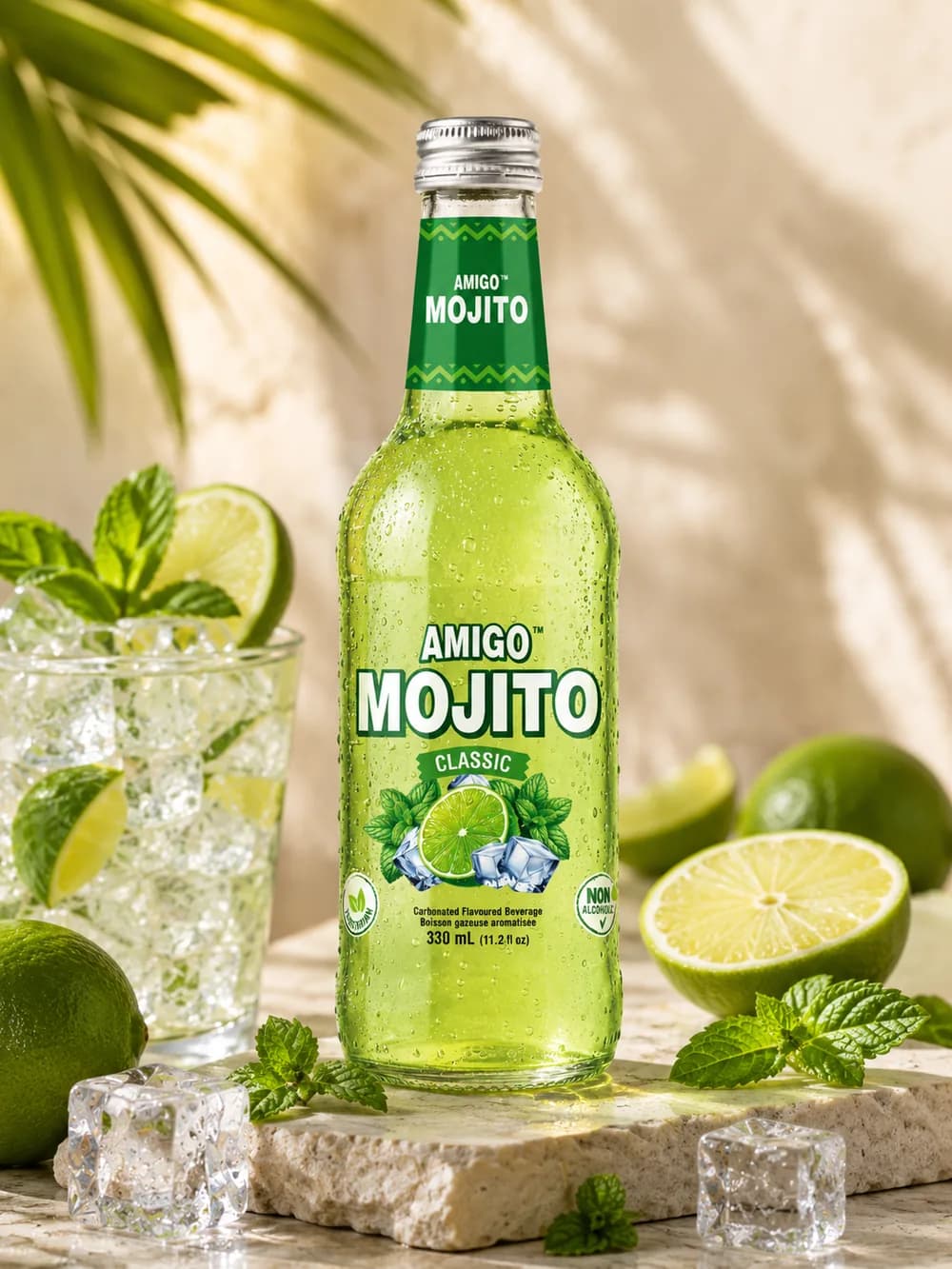 Amigo Mojito Classic lime & mint sparkling soda bottle, front view.