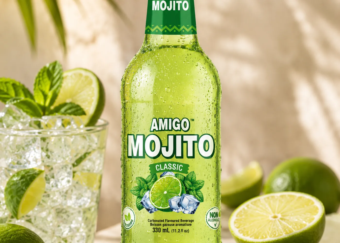 Amigo Mojito Classic bottle with fresh lime, mint and an iced glass.