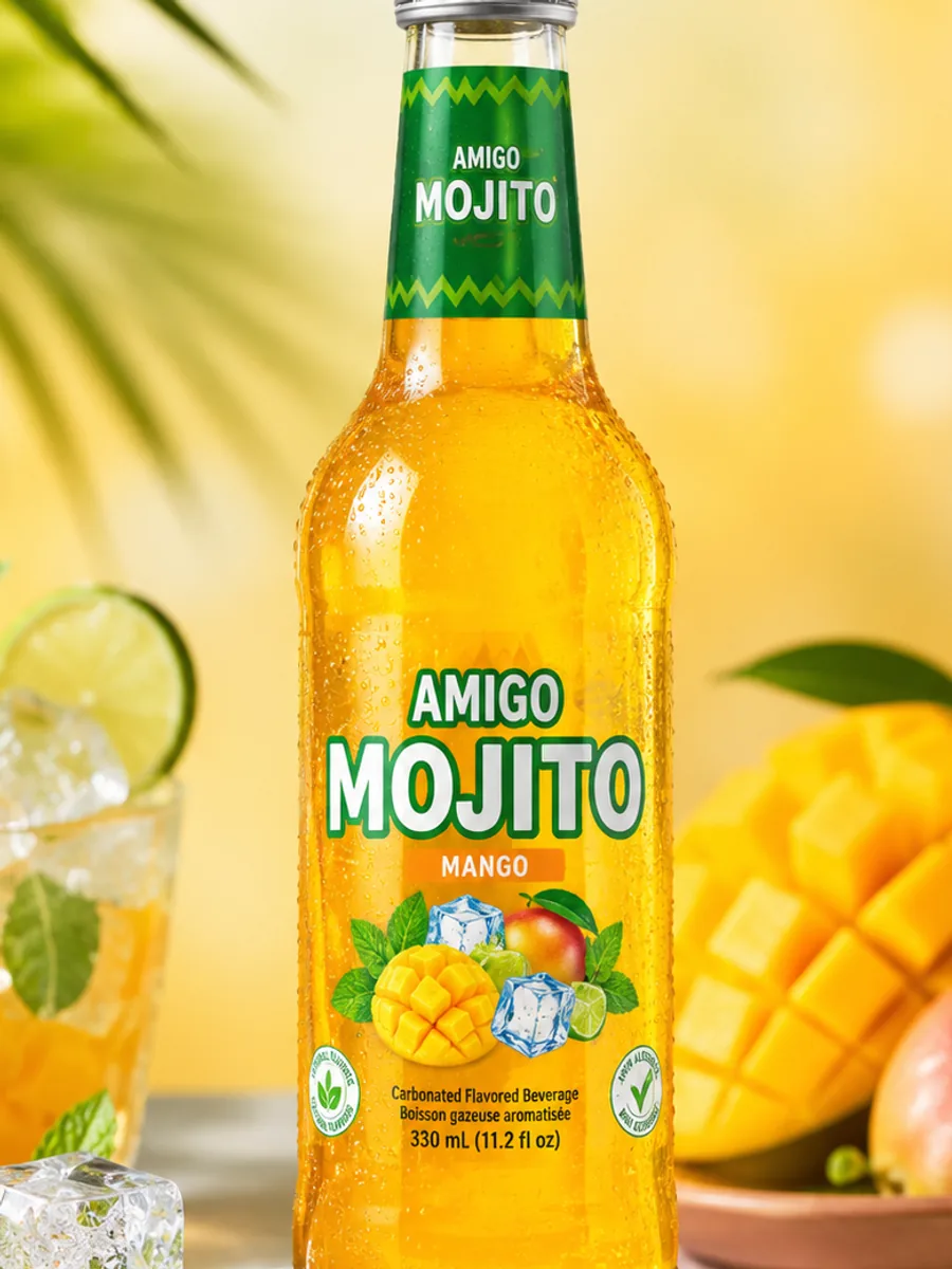 Amigo Mojito Mango sparkling soda bottle, close-up of the label.