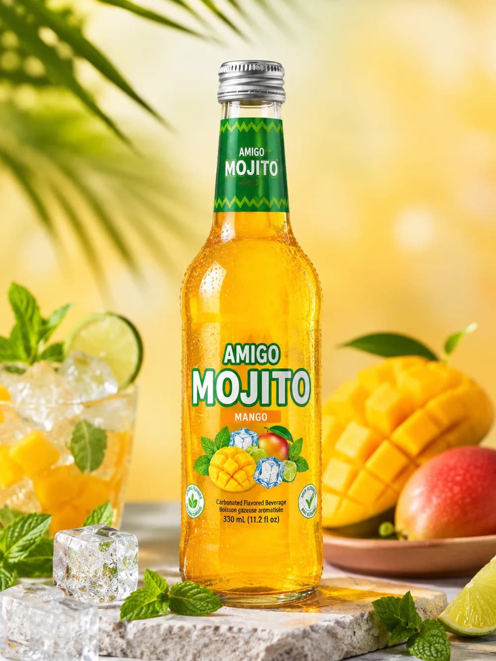 Amigo Mojito Mango sparkling soda bottle, front view.