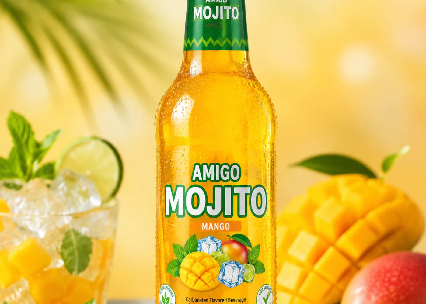 Amigo Mojito Mango bottle with fresh mango, mint, lime and iced glass.