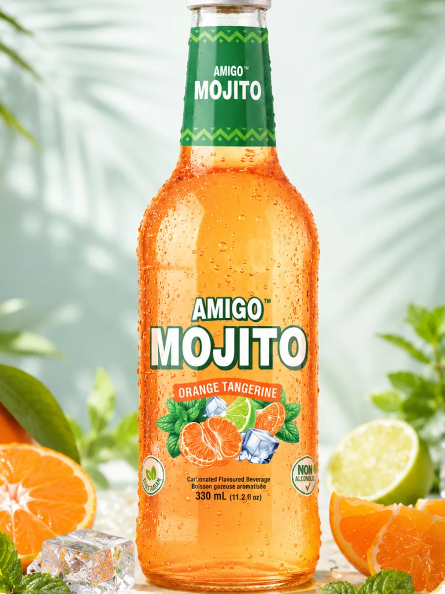 Amigo Mojito Orange Tangerine sparkling soda bottle, close-up of the label.