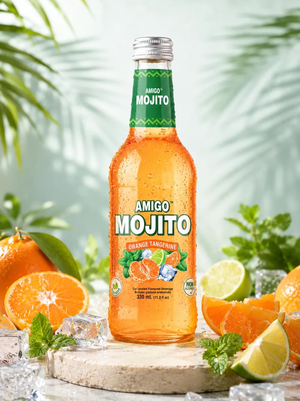 Amigo Mojito Orange Tangerine sparkling soda bottle, front view.