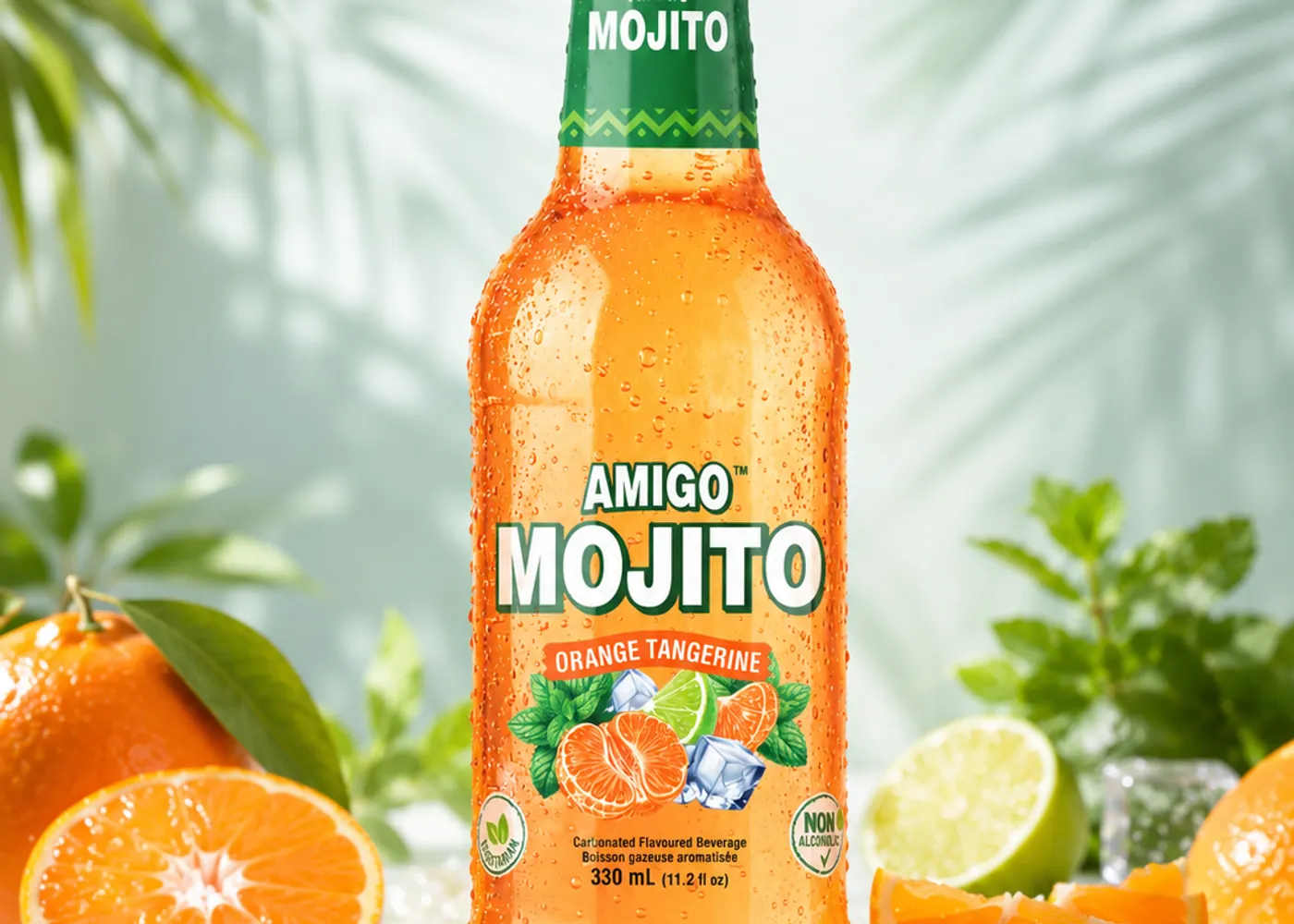 Amigo Mojito Orange Tangerine bottle with fresh oranges, lime and mint.
