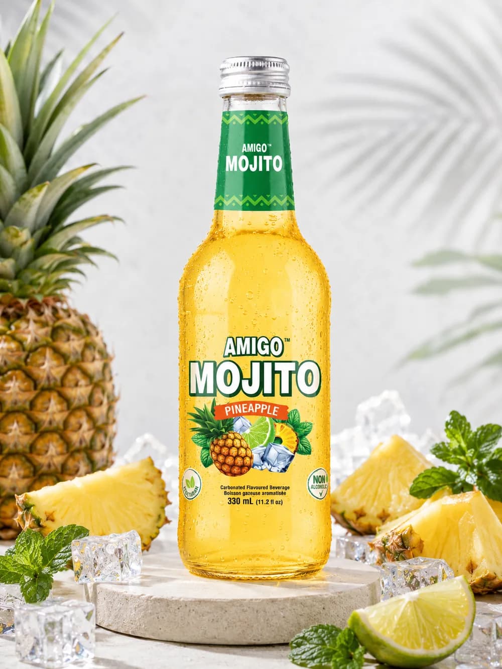 Amigo Mojito Pineapple sparkling soda bottle, front view.