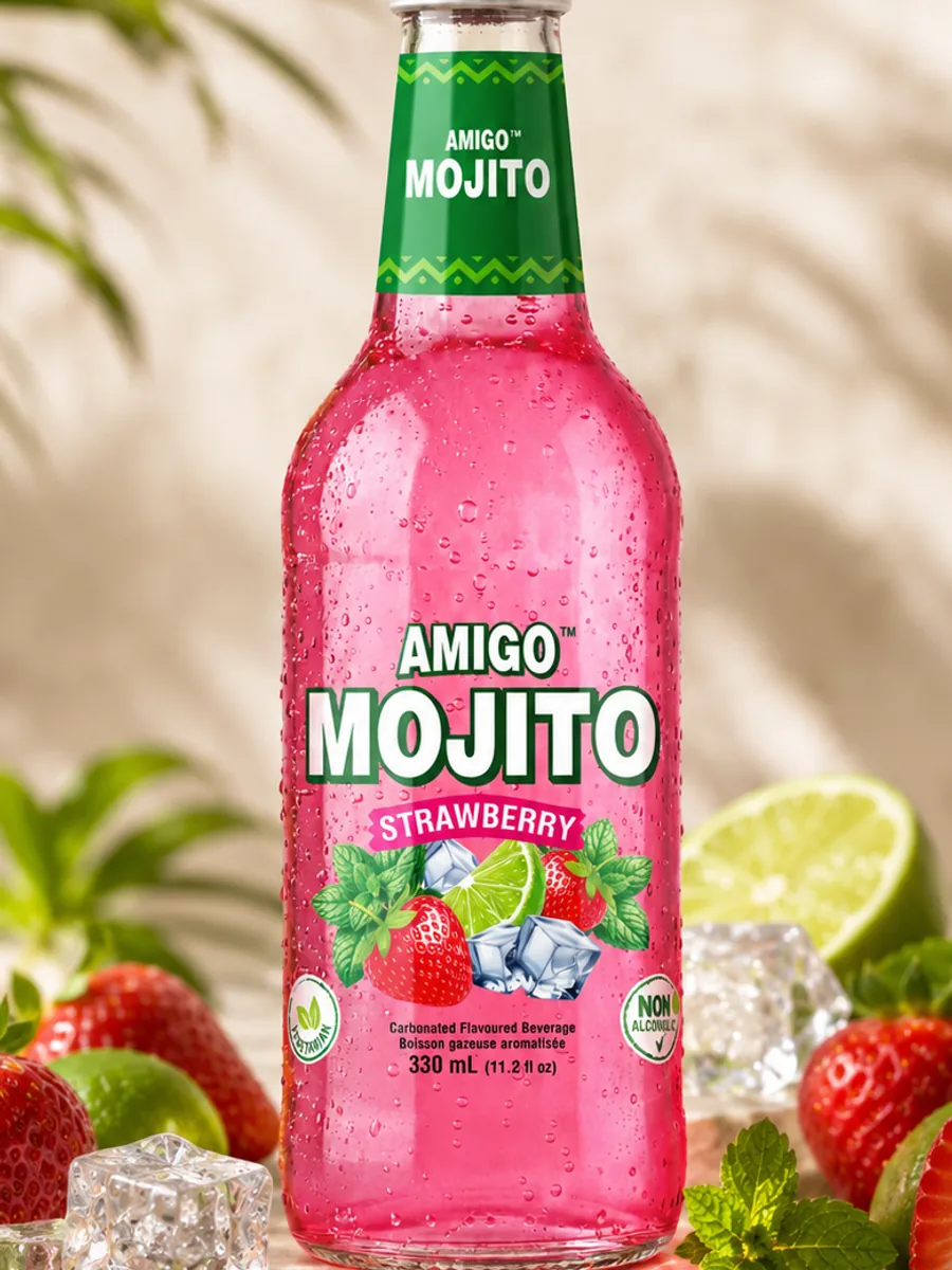 Amigo Mojito Strawberry sparkling soda bottle, close-up of the label.