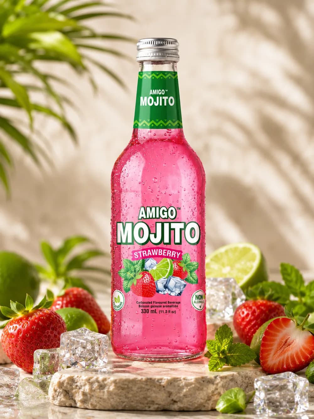 Amigo Mojito Strawberry sparkling soda bottle, front view.