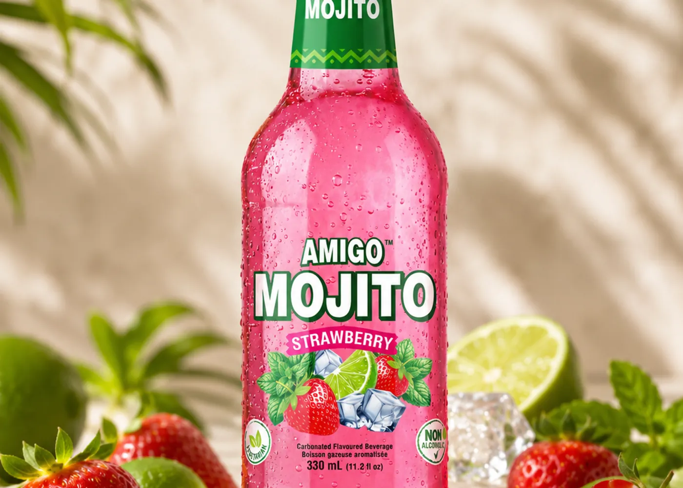 Amigo Mojito Strawberry bottle with fresh strawberries, lime and mint.