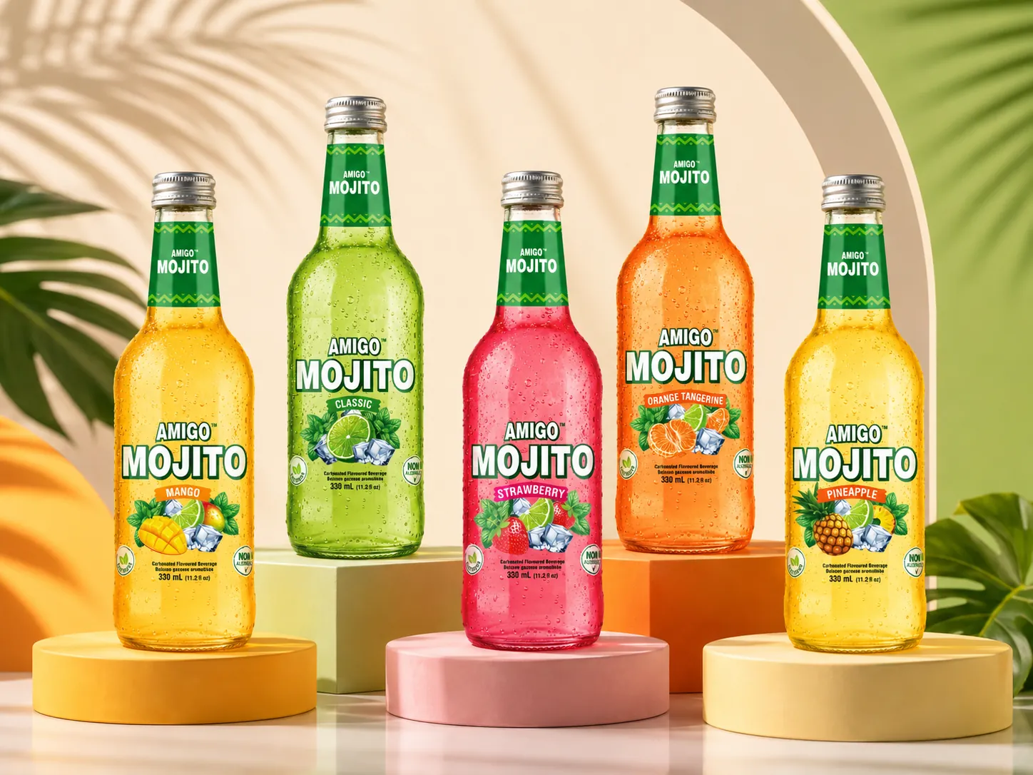 The five Amigo Mojito flavours—Mango, Classic, Strawberry, Orange Tangerine and Pineapple—lined up on tropical podiums.