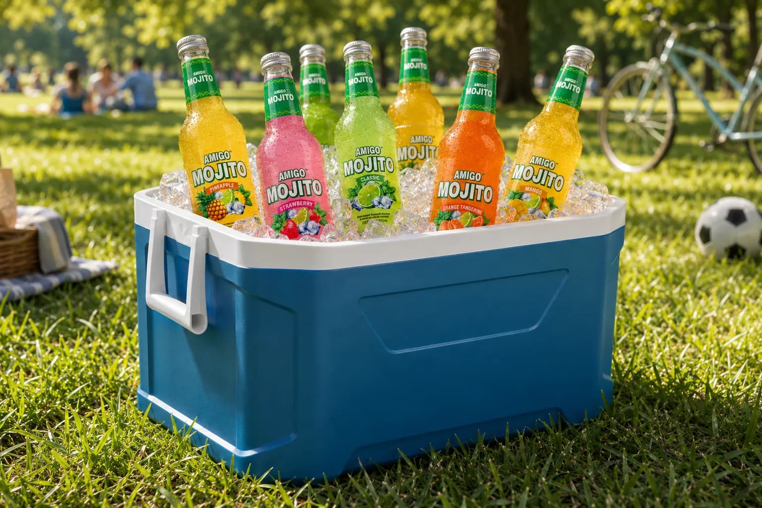 All five Amigo Mojito flavours chilling in an ice-filled cooler at a sunny park gathering.