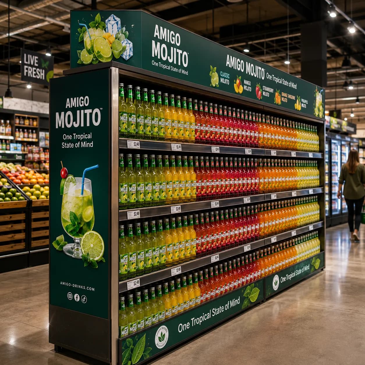 Branded Amigo Mojito retail display filled with all five flavours in a grocery store.