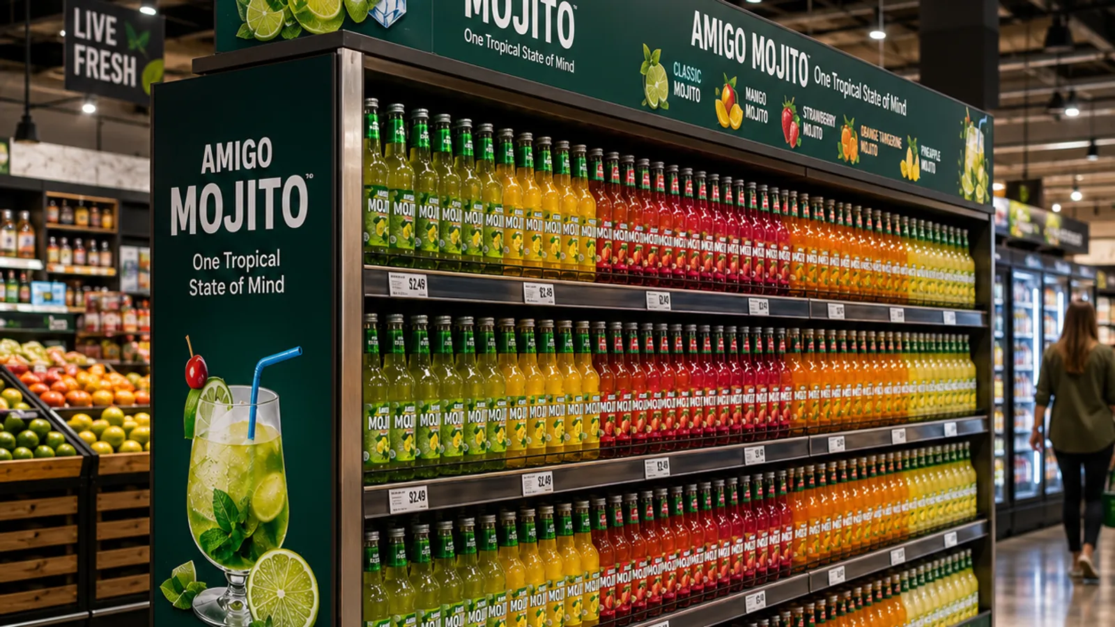 Amigo Mojito branded gondola end lined with colourful bottles across five flavours.