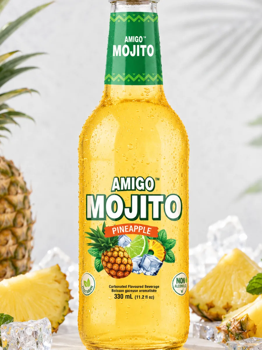 Amigo Mojito Pineapple sparkling soda bottle, close-up of the label.